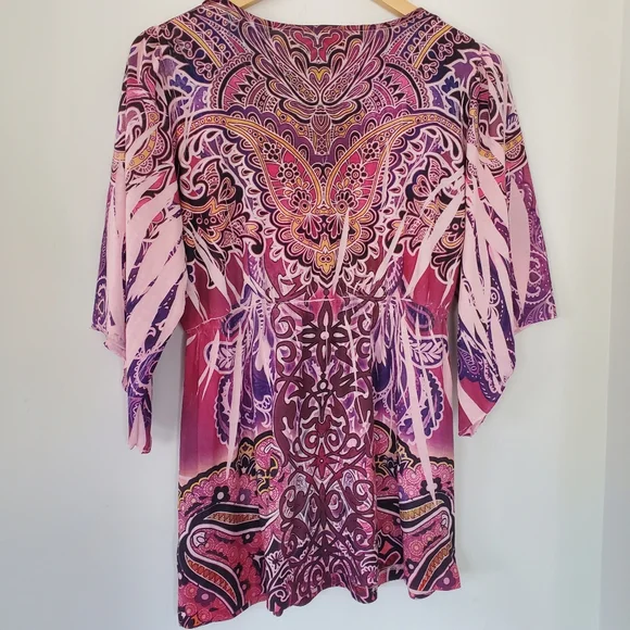STARIALLE Sz S 3/4 Bell Sleeve Tunic Top Pink Purple V Neck Fairy Boho Hippie - Picture 7 of 14